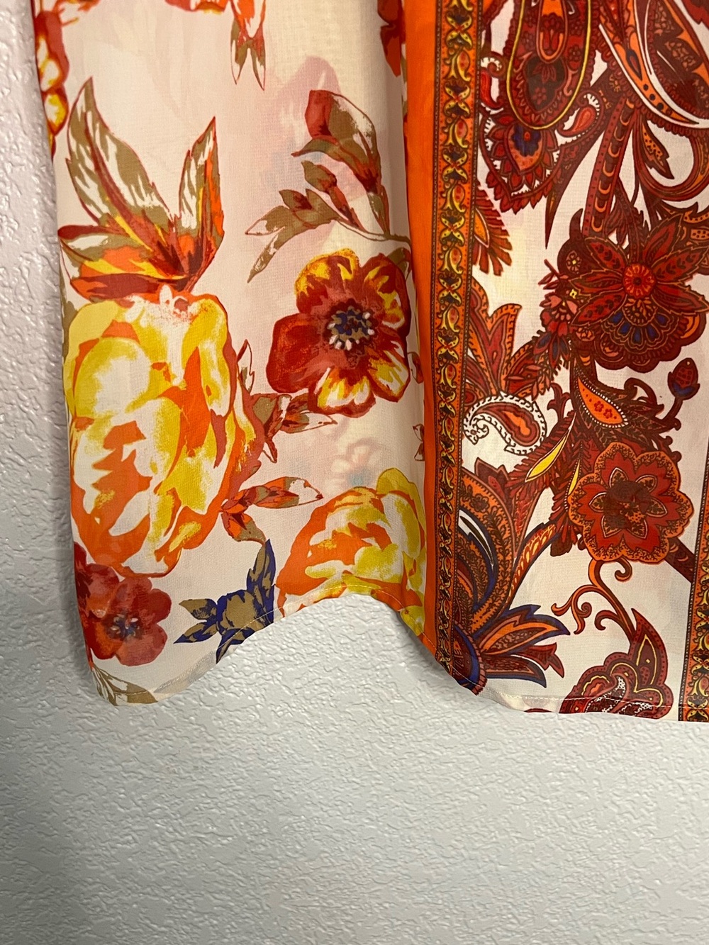 Charter Club Floral Peasant Blouse Boho Orange Beige Tie Neck Sheer Sleeve Top L - Picture 8 of 10